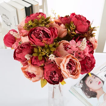 Италиански стил Копринени цветя, сватбен букет от божур Изкуствени цветя, ярки листа, цветя сватбени букети, украси flores bloemen набор от
